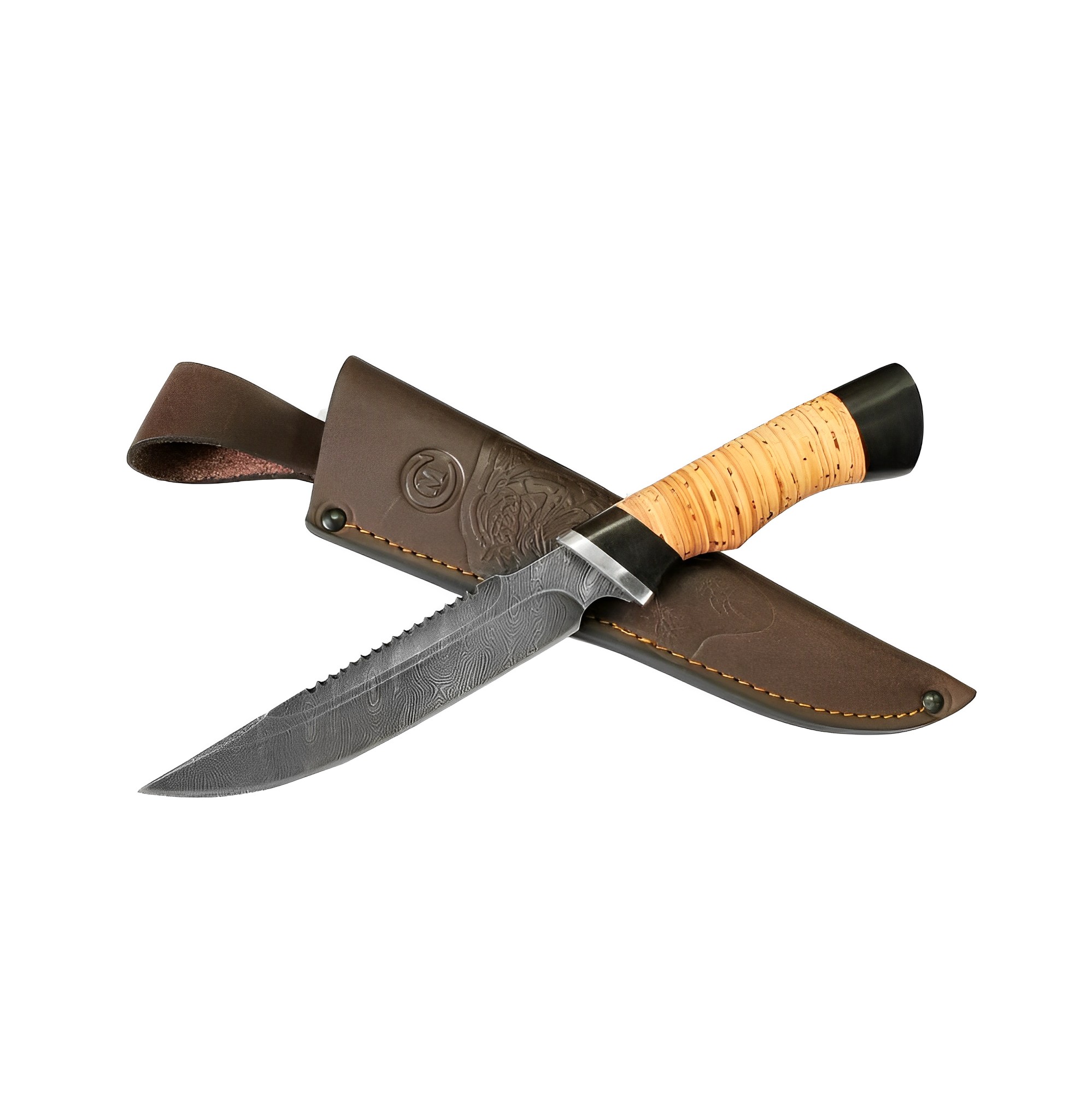 Нож Осетр из дамасск.ст., береста, граб, дюраль